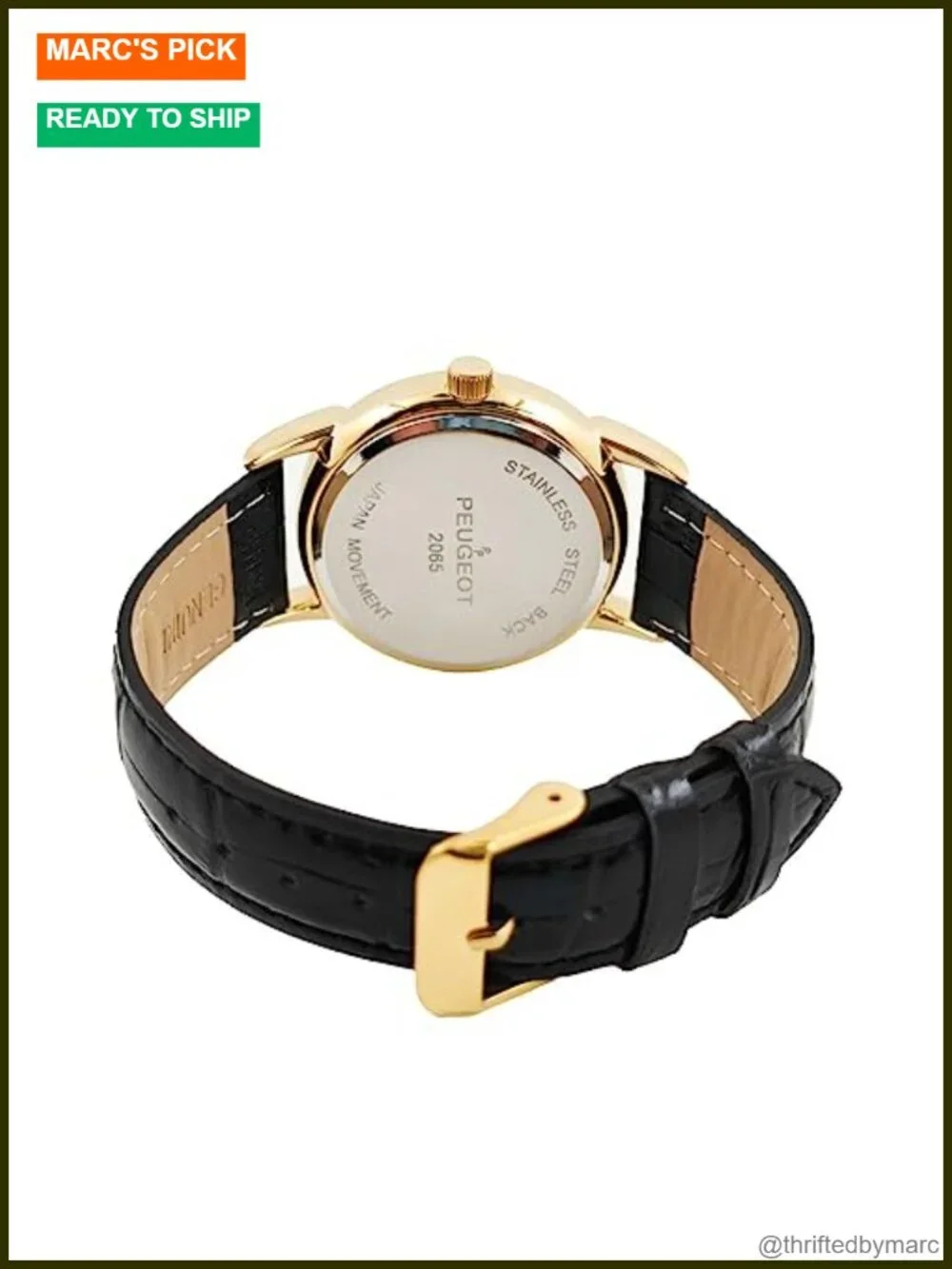 Men's Vintage 14K Gold Plated Watch with Arabic Numerals, Black Leather Strap